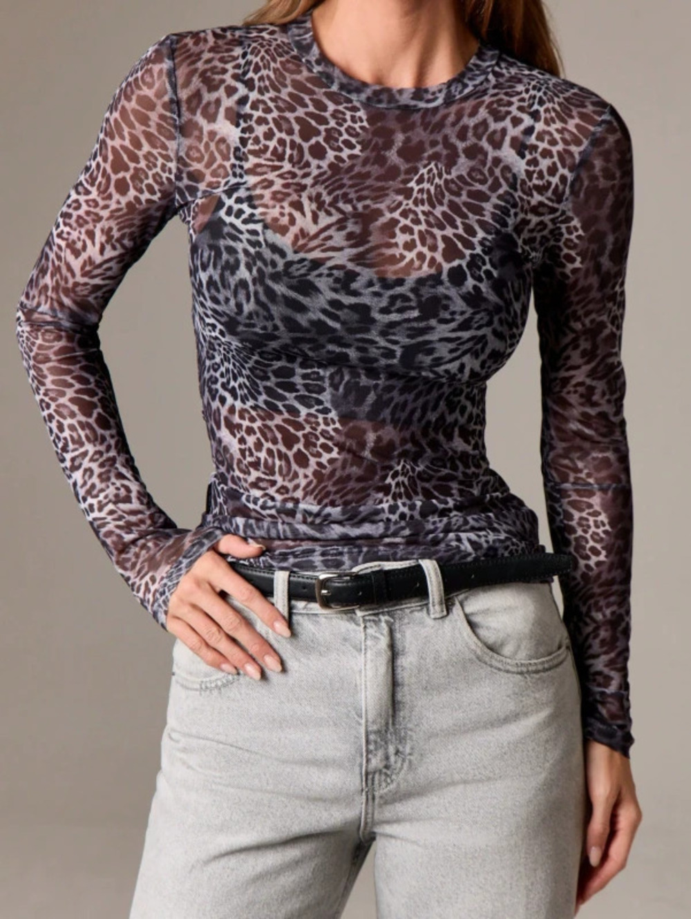 ZARA Womens Fall Fashion Mesh Round Neck Leopard Print Slim Fit T Shirt